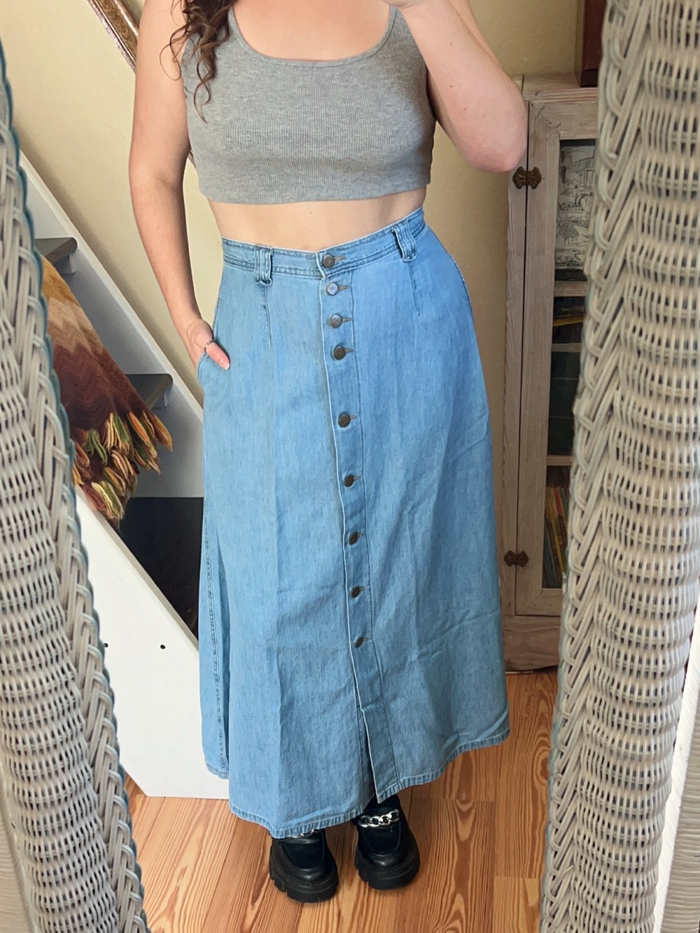 Vintage 90s Denim Button up Maxi Skirt High Rise Pockets Cottagecore Prairie Y2K